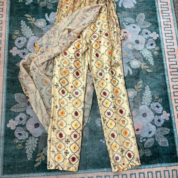 Anthropologie Gold and Green Jumpsuit Luxurious Wide-Leg Design - Picture 7 of 16